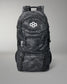 Black camouflage backpack with a logo on a gray background