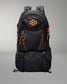 A black technical backpack with bright orange accents, including a geometric logo on the front pocket and vertical branding details, shown against a neutral gray background.