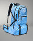 A light blue and black technical backpack shown from a three-quarters angle on a neutral gray studio background. The brand name 'RUDIS' is printed vertically on the front pocket, and a white geometric logo is visible on the front and hip belt.