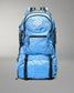 A light blue technical backpack with black straps, zippers, and trim, featuring a white geometric logo on the front pocket, set against a neutral gray background.