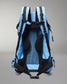 The back view of a light blue and black hiking backpack, showing the padded mesh backrest, shoulder straps, and compression buckles against a neutral gray background.