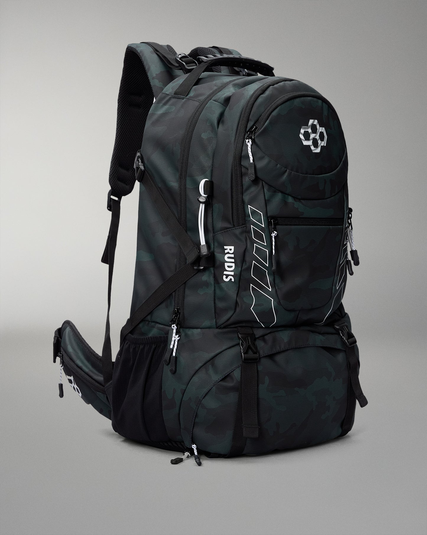 Green Camo backpack with visible branding on a gray background