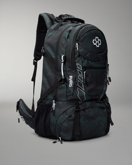 Green Camo backpack with visible branding on a gray background