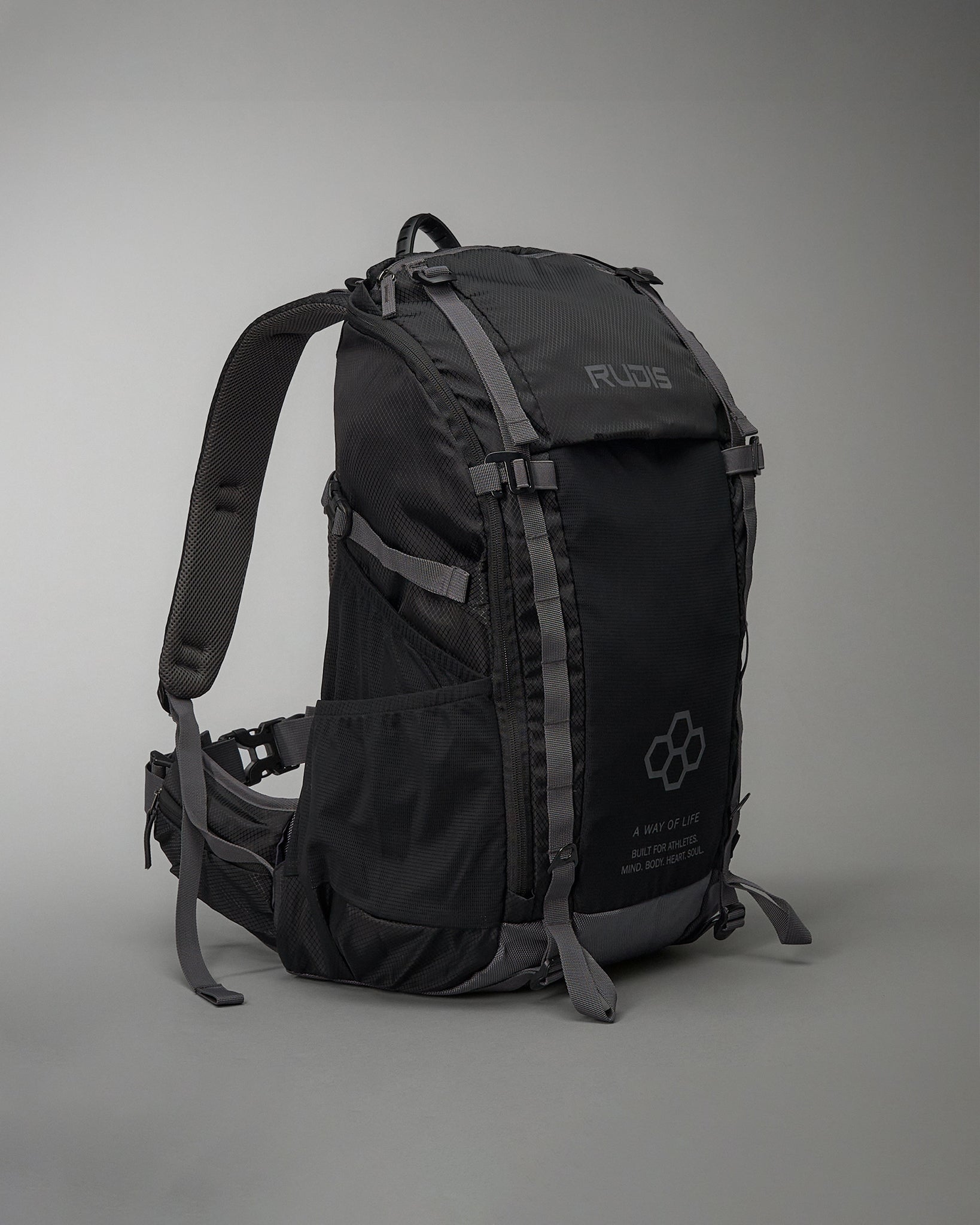 A sleek black backpack designed for athletes featuring multiple compartments and ergonomic straps for comfort
