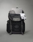 A stylish black athletic backpack filled with essential items for an active lifestyle including a laptop workout clothes and socks