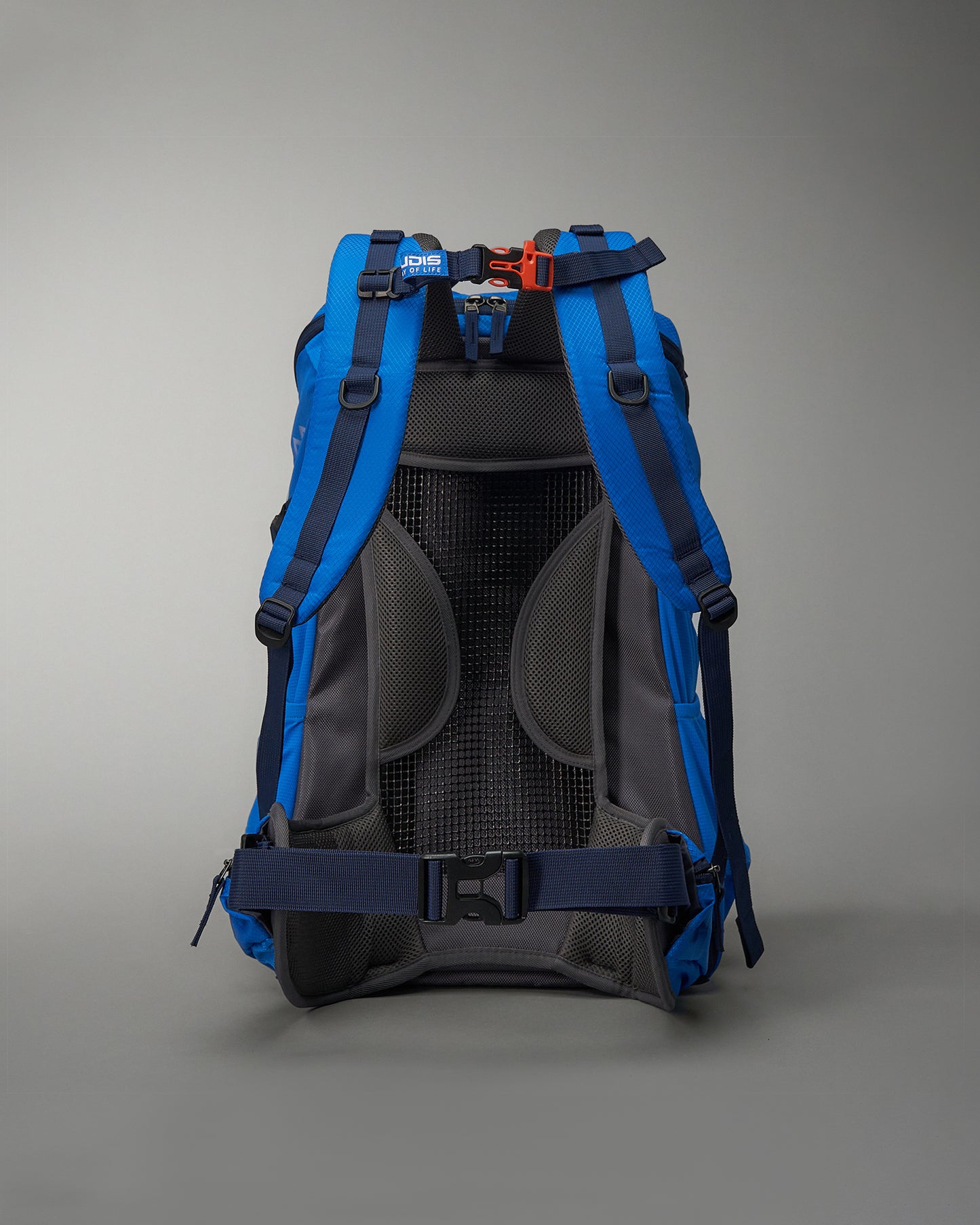 A vibrant blue hiking backpack featuring ergonomic design padded shoulder straps and a breathable mesh back panel for comfort during outdoor activities