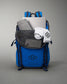 A vibrant blue backpack filled with athletic gear including a laptop rolled towel socks and a mesh pocket for organization