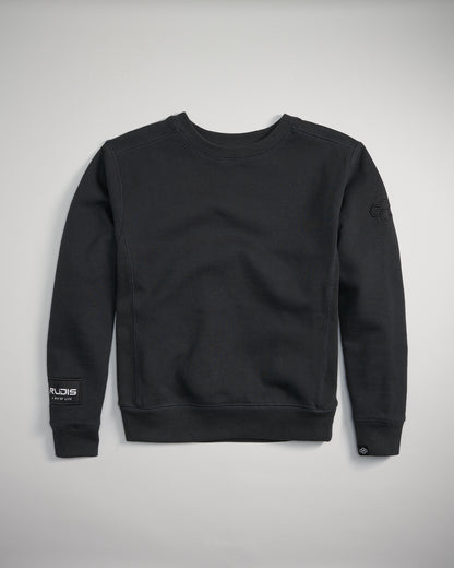 A black long-sleeve sweatshirt featuring a round neck ribbed cuffs a textured surface and a logo on the arm