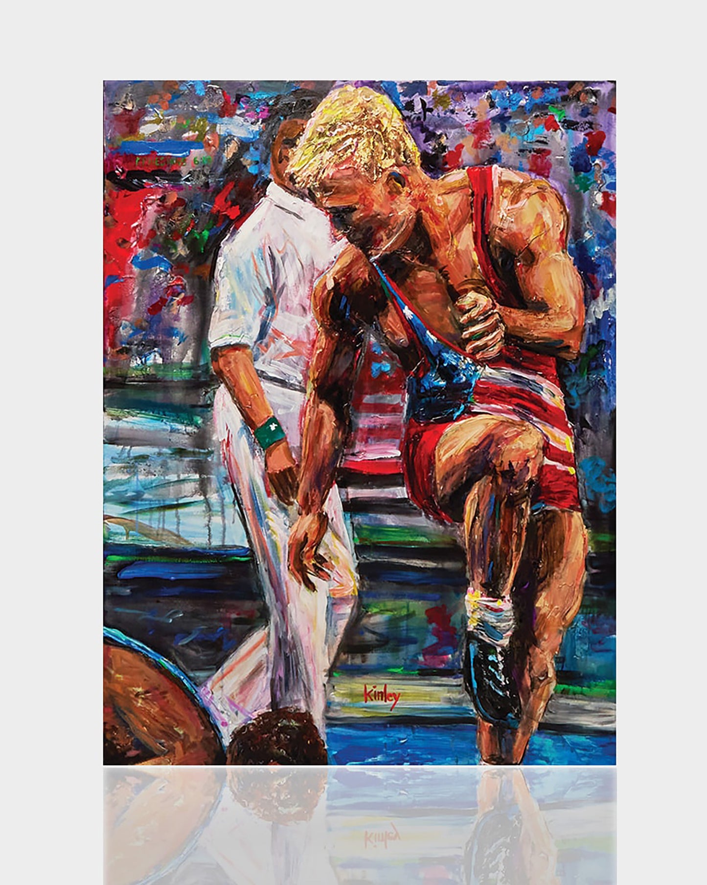 An expressive painting of a muscular wrestler in an American flag-themed singlet preparing for a match with a referee standing nearby