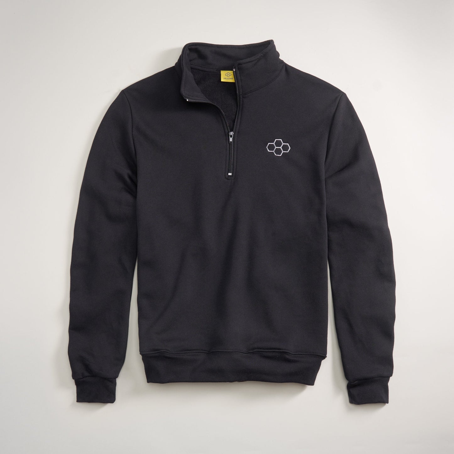 A stylish black quarter-zip sweatshirt featuring a minimalist logo on the chest perfect for casual wear