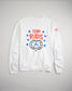 A white sweatshirt featuring the text TEAM RUDIS a globe design and blue stars symbolizing unity and support for an athletic team