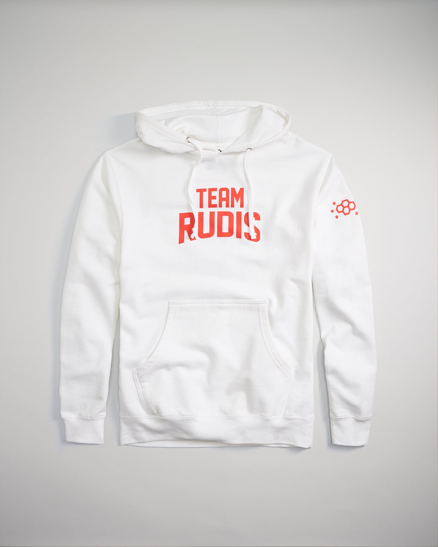 A stylish white hoodie featuring bold red lettering that reads TEAM RUDIS on the front and a graphic accent on the sleeve