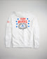 A white hoodie featuring the phrase TEAM RUDIS in bold red letters accompanied by blue stars and a graphic design of a globe with a wrestling figure