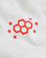 A bold red logo featuring interconnected hexagons and stars on a white fabric background