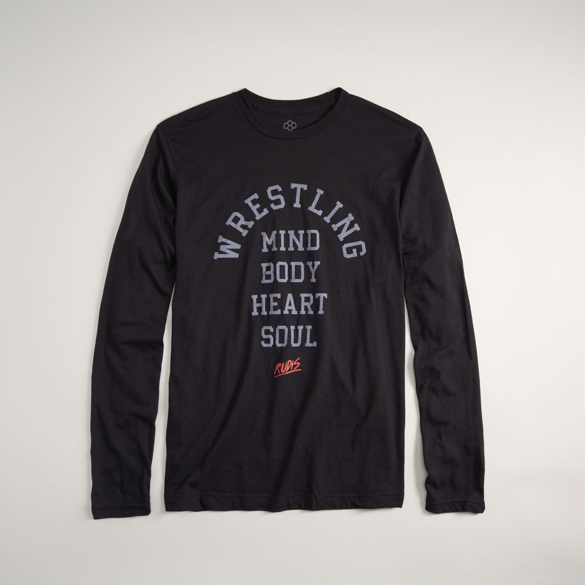 A black long-sleeve t-shirt featuring the text WRESTLING followed by MIND BODY HEART SOUL in a bold curved layout with a red logo at the bottom