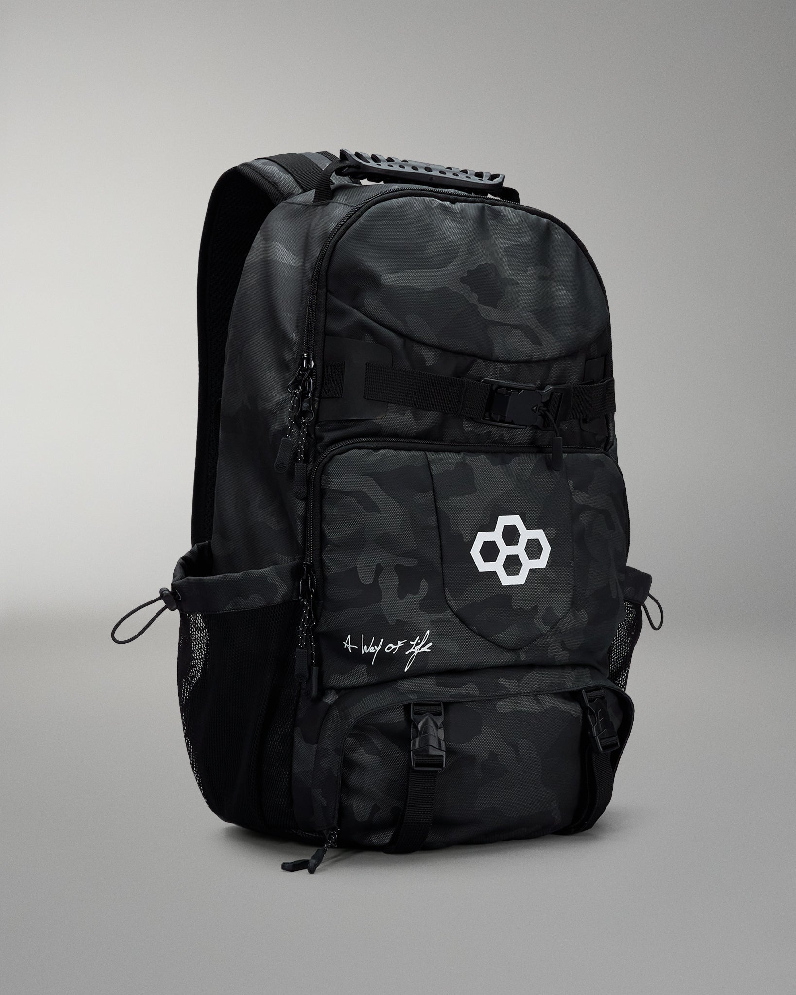 Black camouflage backpack with a logo on a gray background