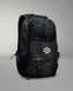 Black camouflage backpack with a logo on a gray background