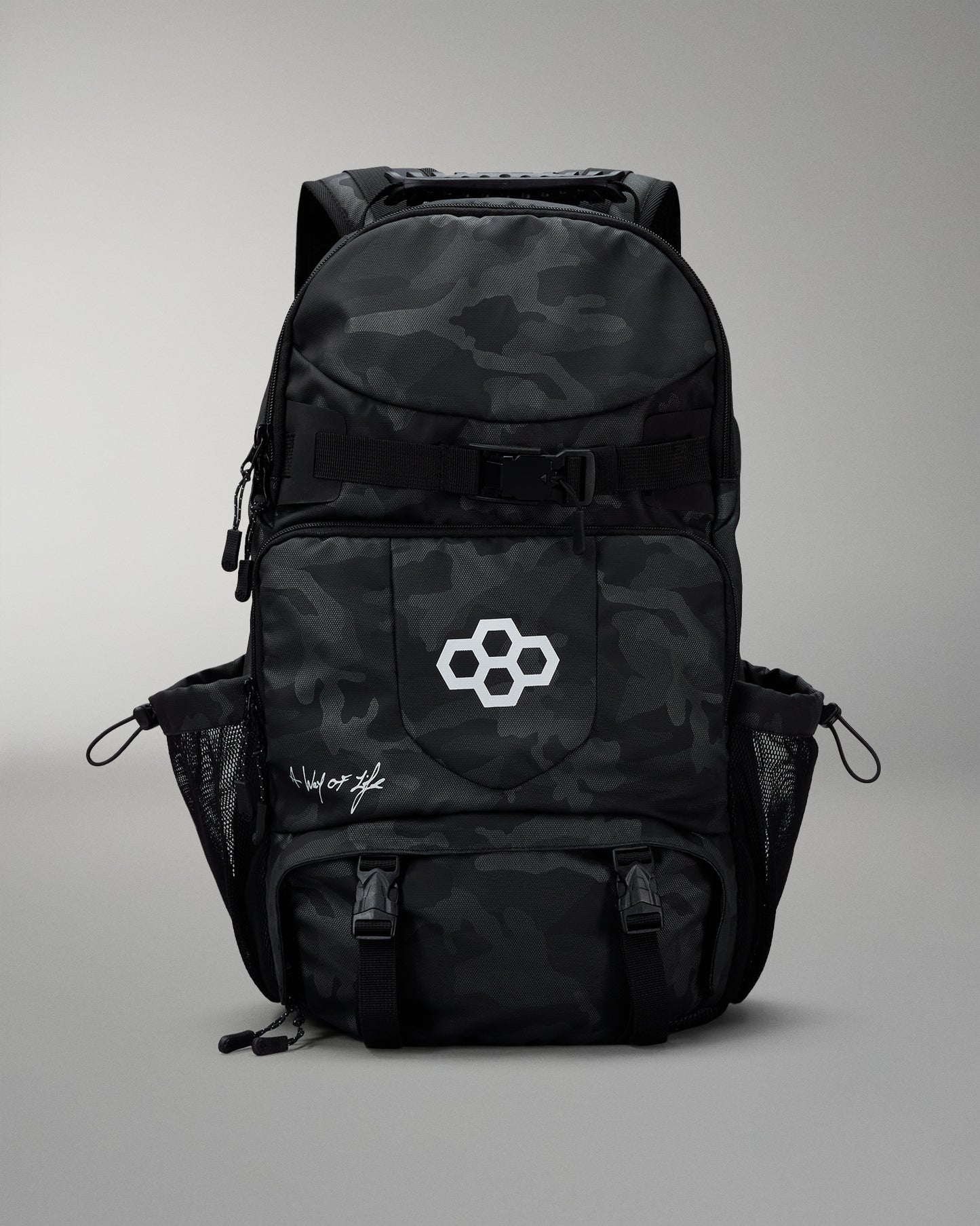 Black camouflage backpack with a logo on a gray background