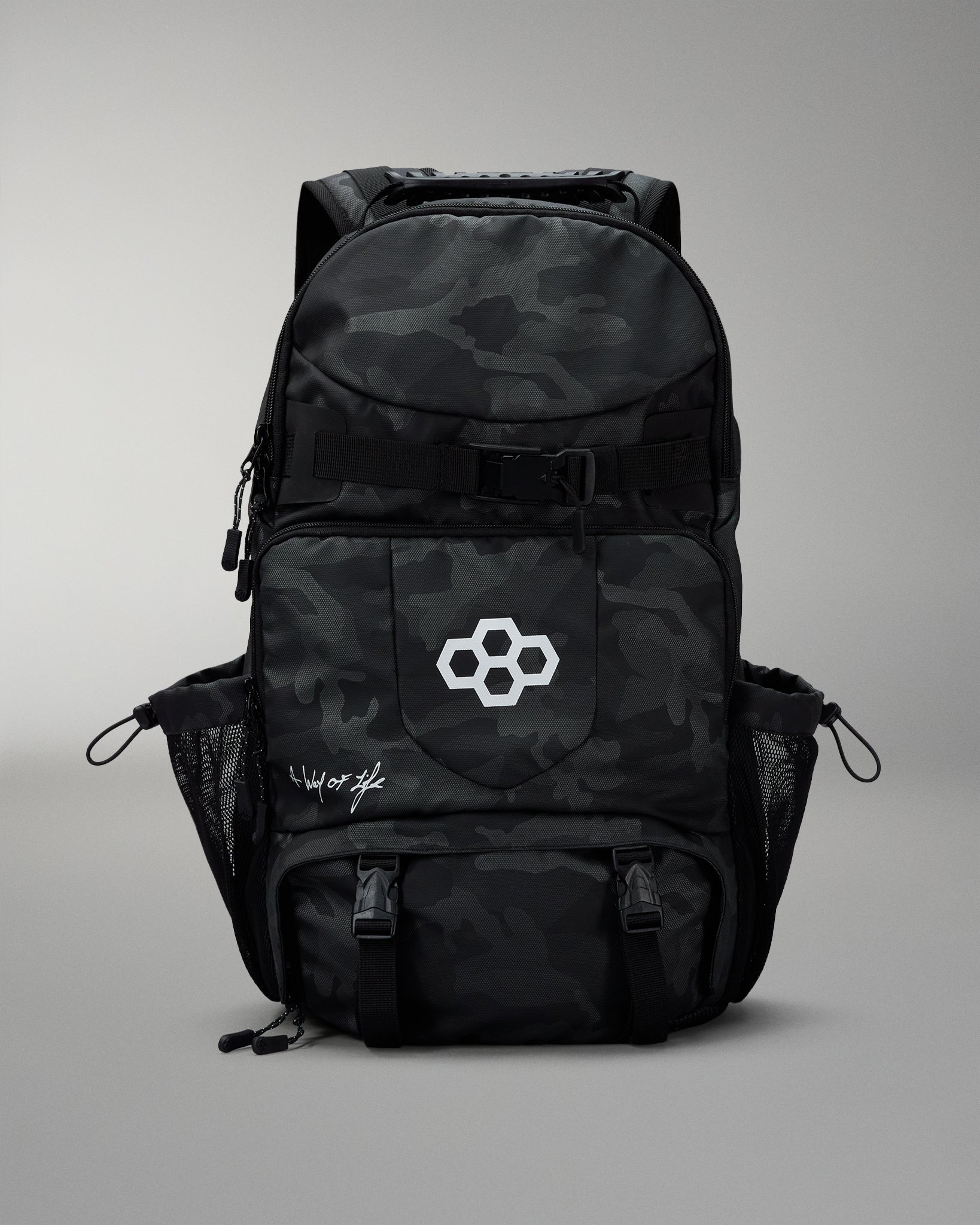 Black camouflage backpack with a logo on a gray background