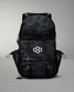 Black camouflage backpack with a logo on a gray background
