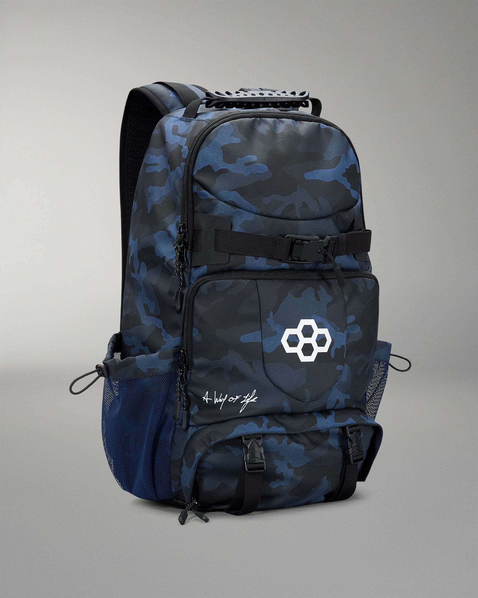 Blue and black camouflage backpack with a logo on a gray background