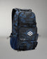 Blue and black camouflage backpack with a logo on a gray background