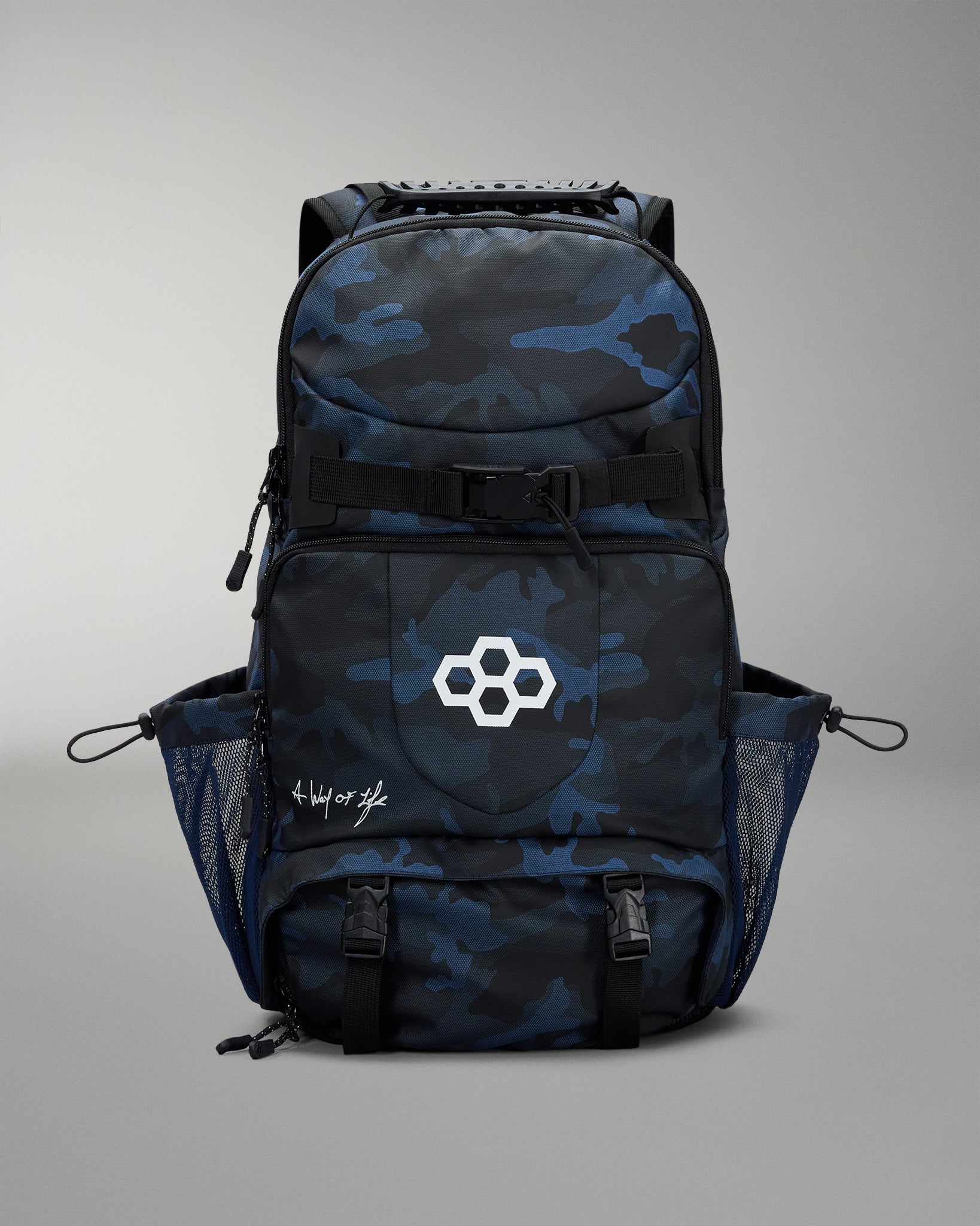 Black and blue camouflage backpack with a logo on a gray background