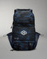 Black and blue camouflage backpack with a logo on a gray background