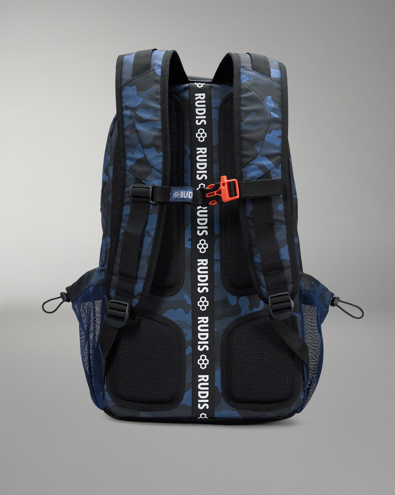 Blue camouflage backpack with visible branding on a gray background
