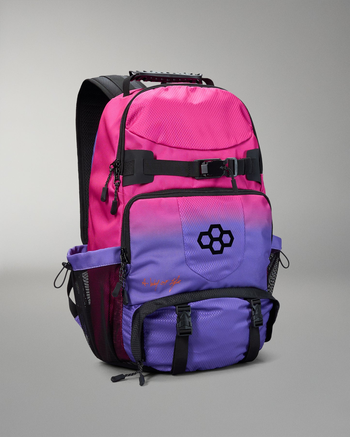 Pink and purple backpack with a brand logo on a gray background