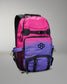 Pink and purple backpack with a brand logo on a gray background