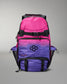 Pink and purple backpack with a logo on a gray background