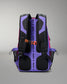 Purple and black backpack with visible branding on a gray background
