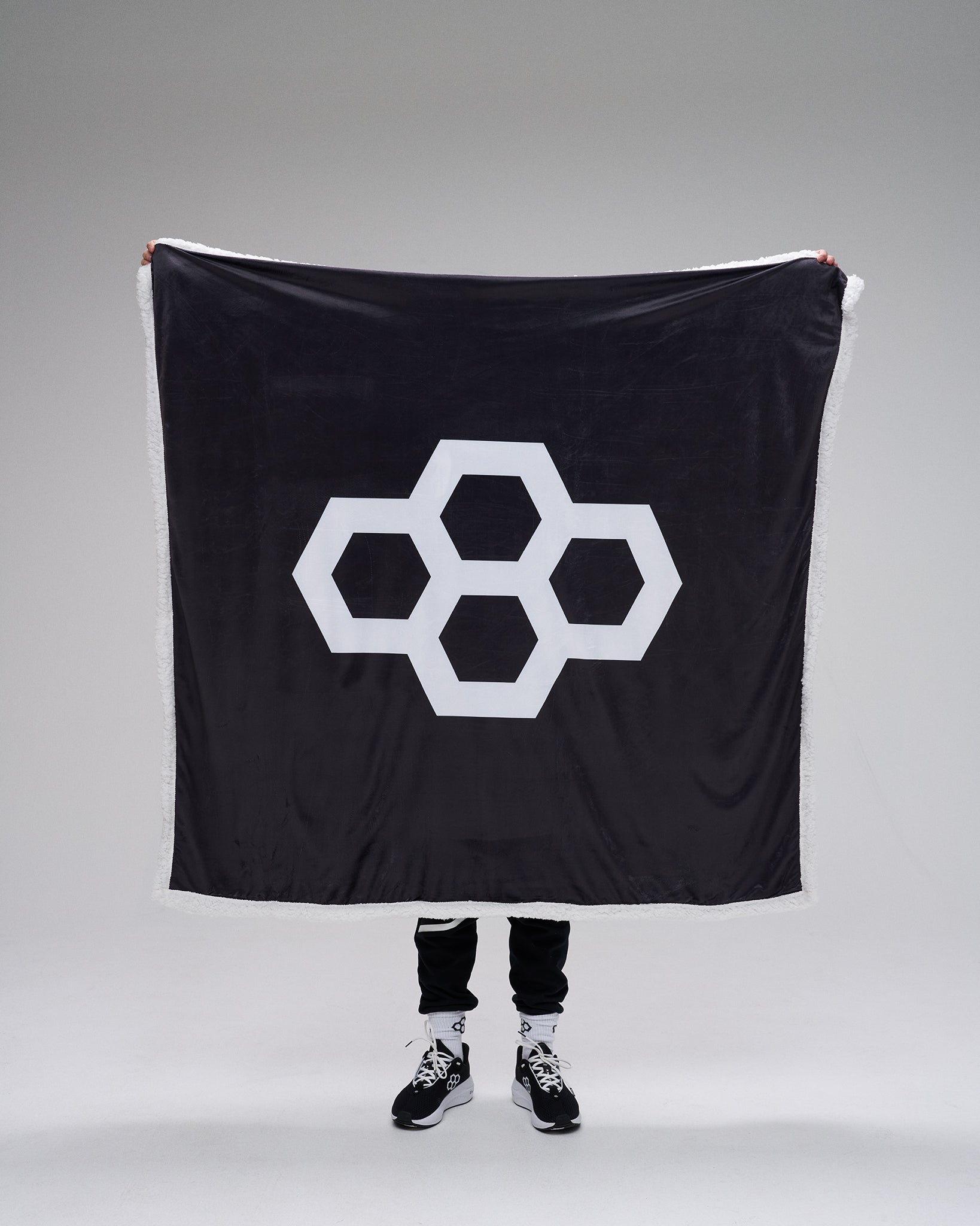 Person holding a black flag with a white geometric symbol on a gray background