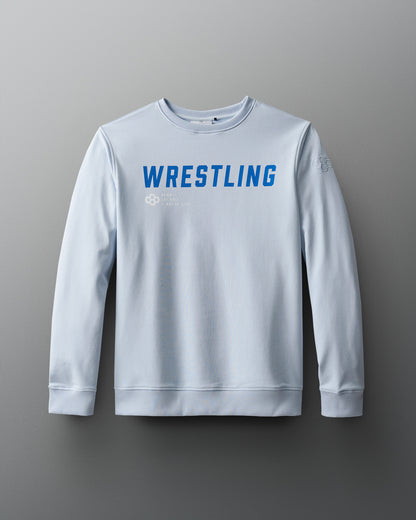 A gray terry crewneck sweatshirt with the text 'WRESTLING' printed in blue on the front.