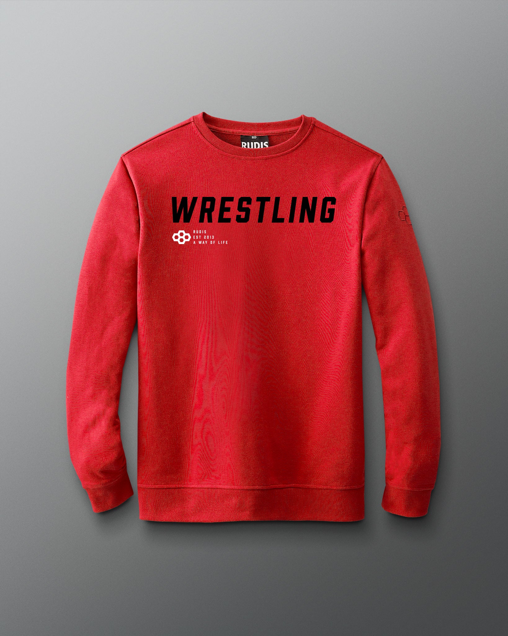 A gray terry crewneck sweatshirt with the text 'WRESTLING' printed in blue on the front.