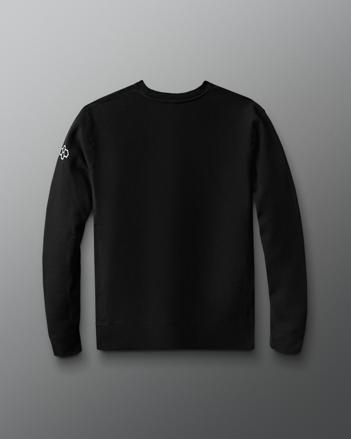 The back view of a black crewneck sweatshirt is shown against a gray background. The sweatshirt has a clean, minimal design with no graphics on the back. A small white RUDIS hex logo is visible on the upper right sleeve near the shoulder.