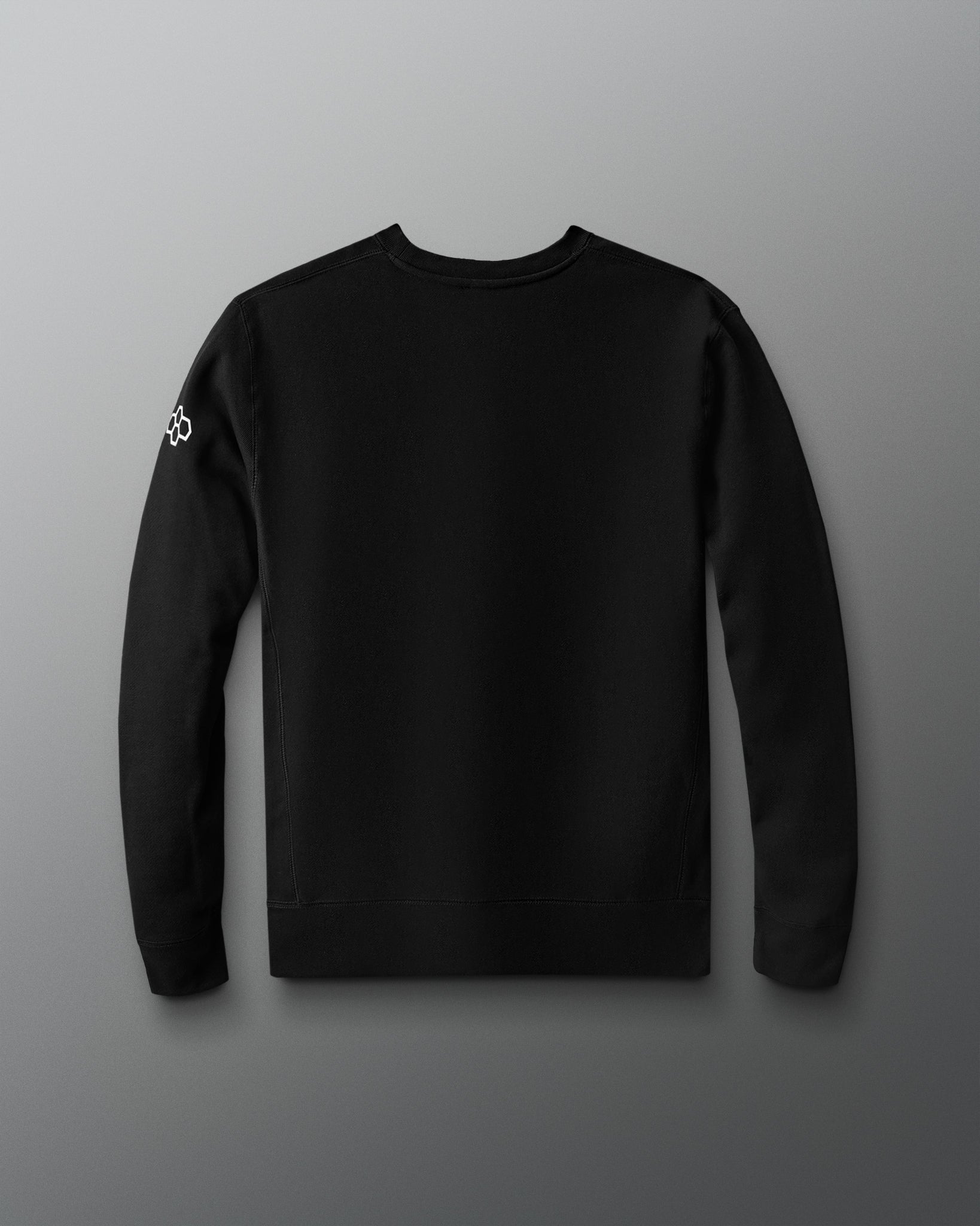 The back view of a black crewneck sweatshirt is shown against a gray background. The sweatshirt has a clean, minimal design with no graphics on the back. A small white RUDIS hex logo is visible on the upper right sleeve near the shoulder.