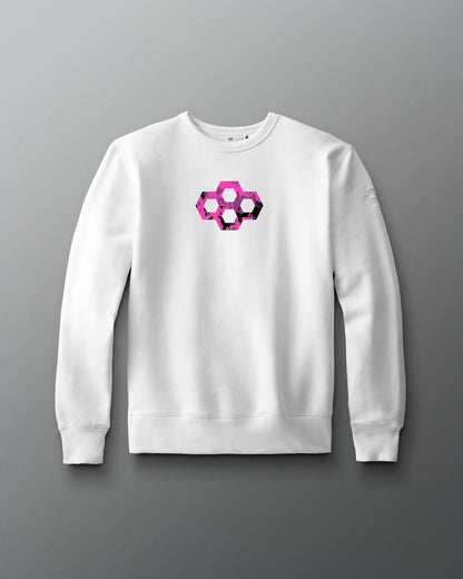 White sweatshirt with a geometric pink and black design on a gray background
