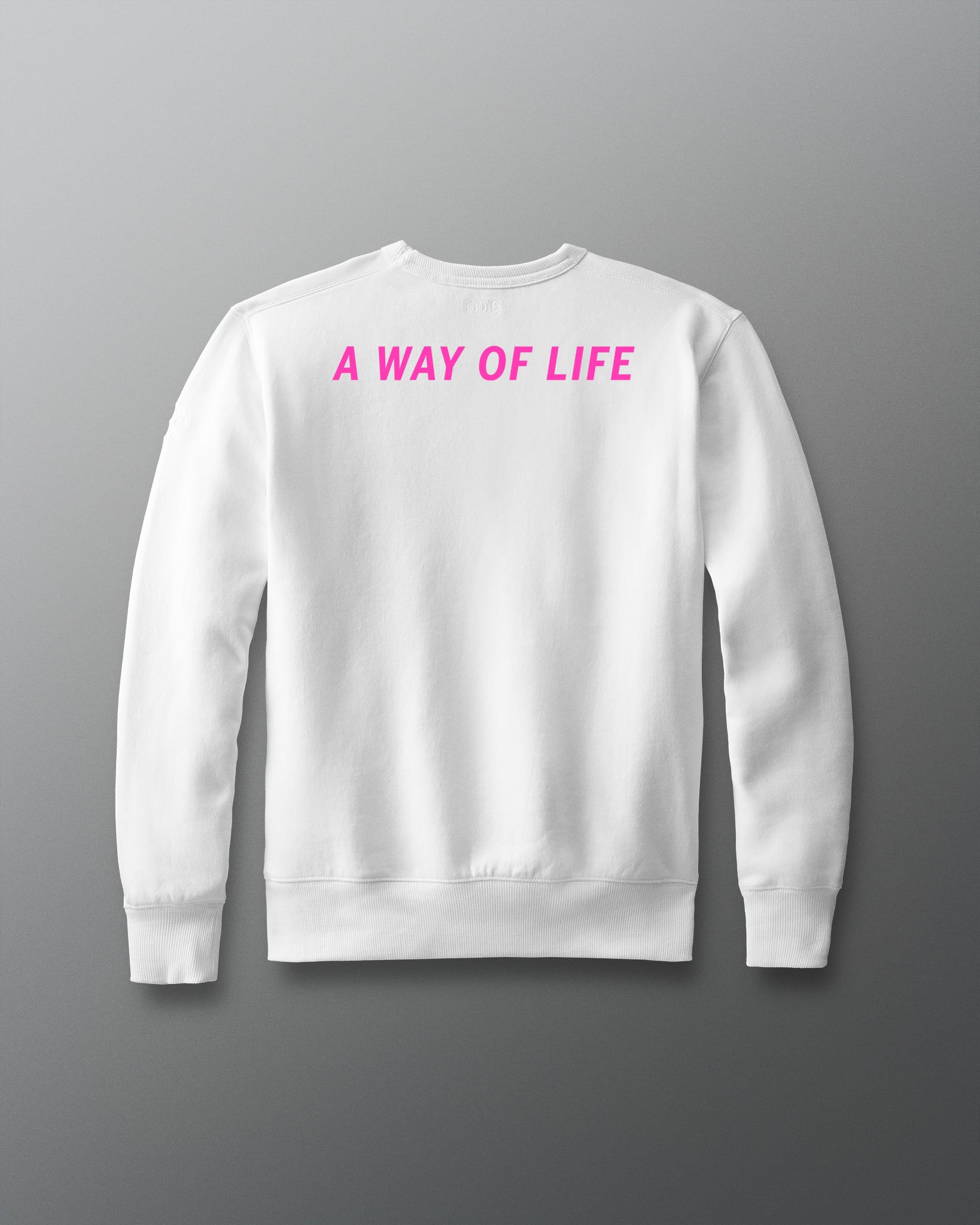 White sweatshirt with pink text 'A WAY OF LIFE' on a gray background