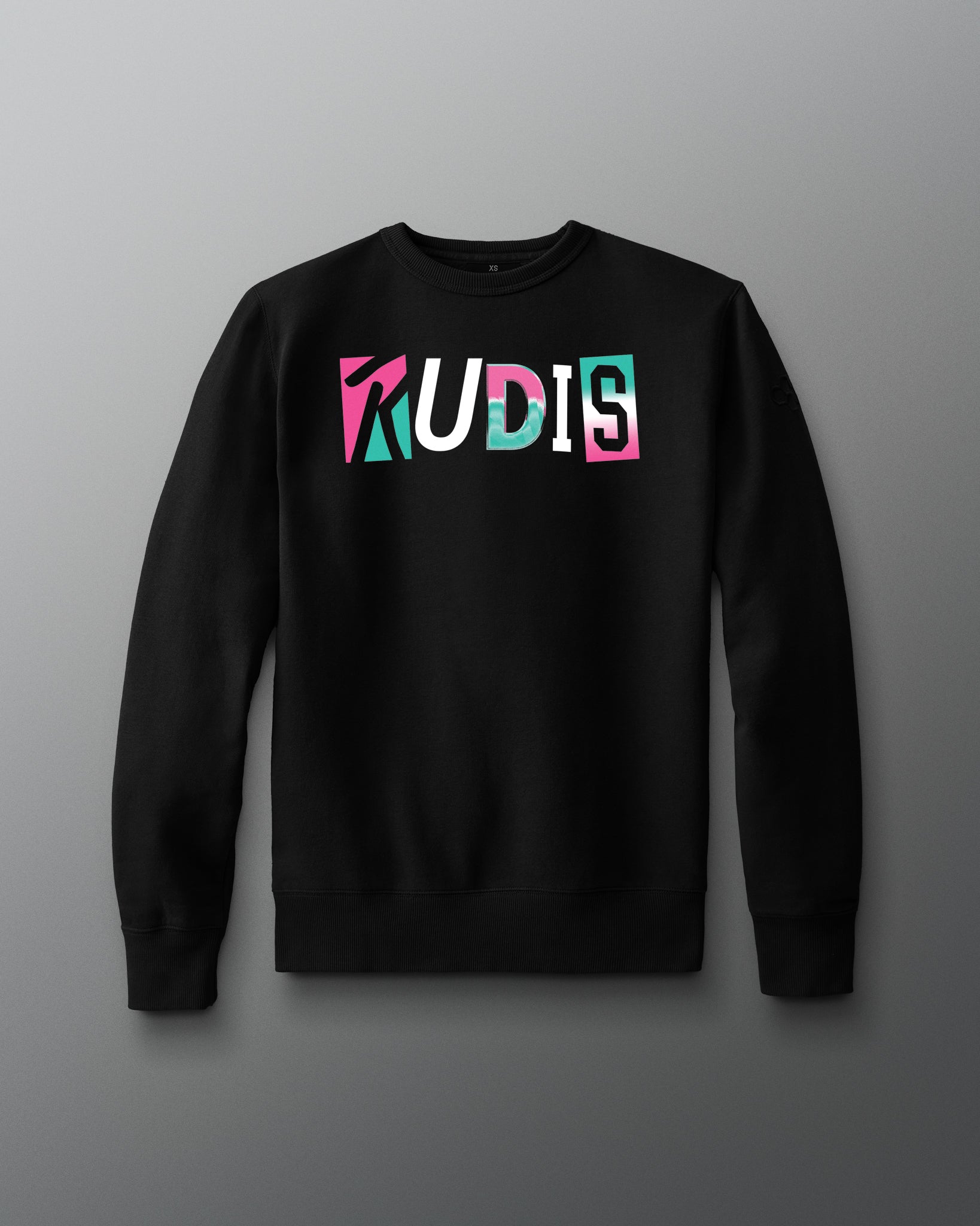 Black sweatshirt with colorful 'RUDIS' text on a gray background