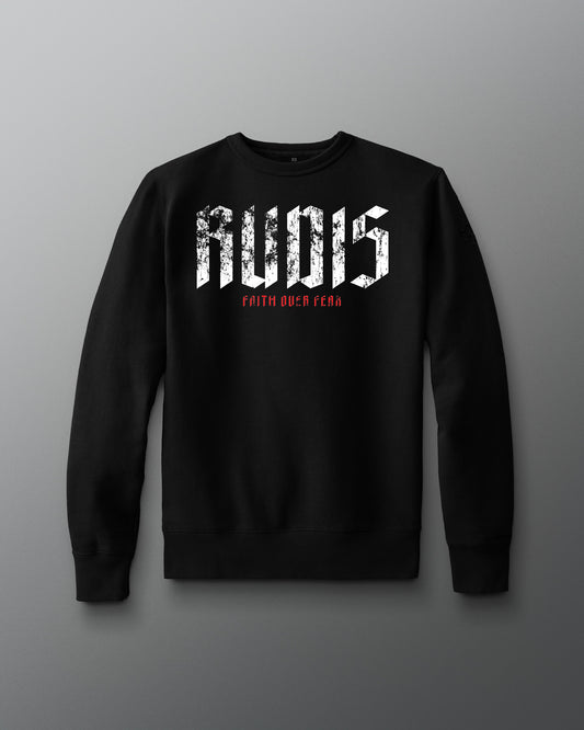 Black sweatshirt with white text on a gray background