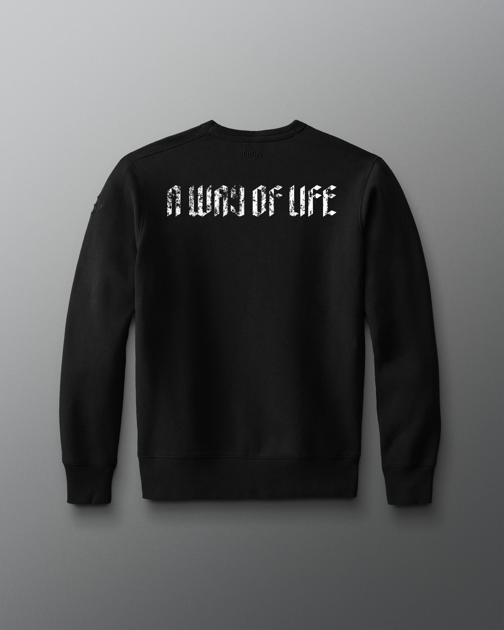 Black sweatshirt with 'A WAY OF LIFE' text on the back against a gray background
