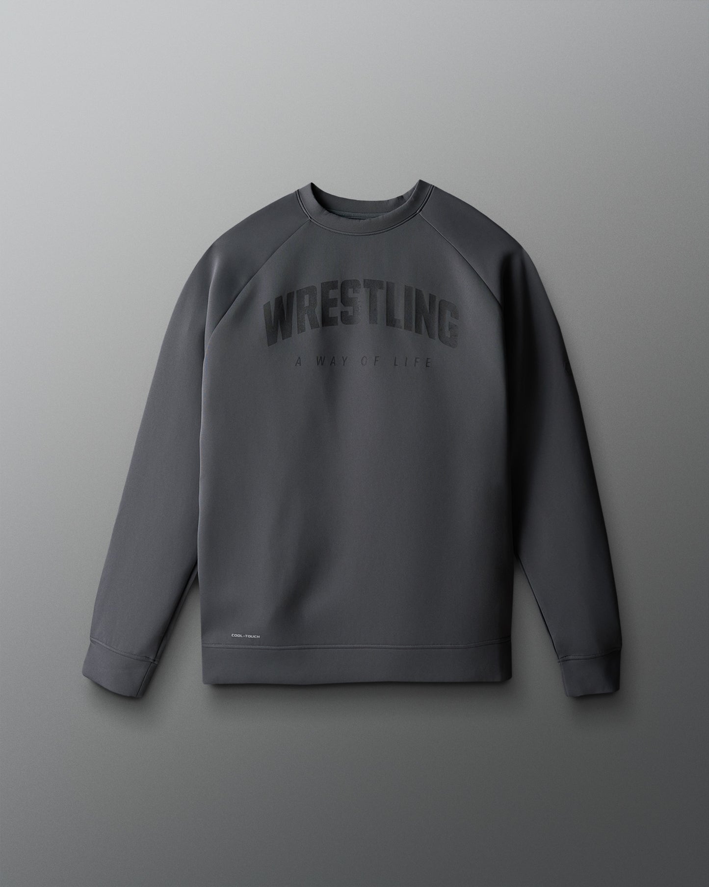 Gray sweatshirt with 'Wrestling' text on a light gray background