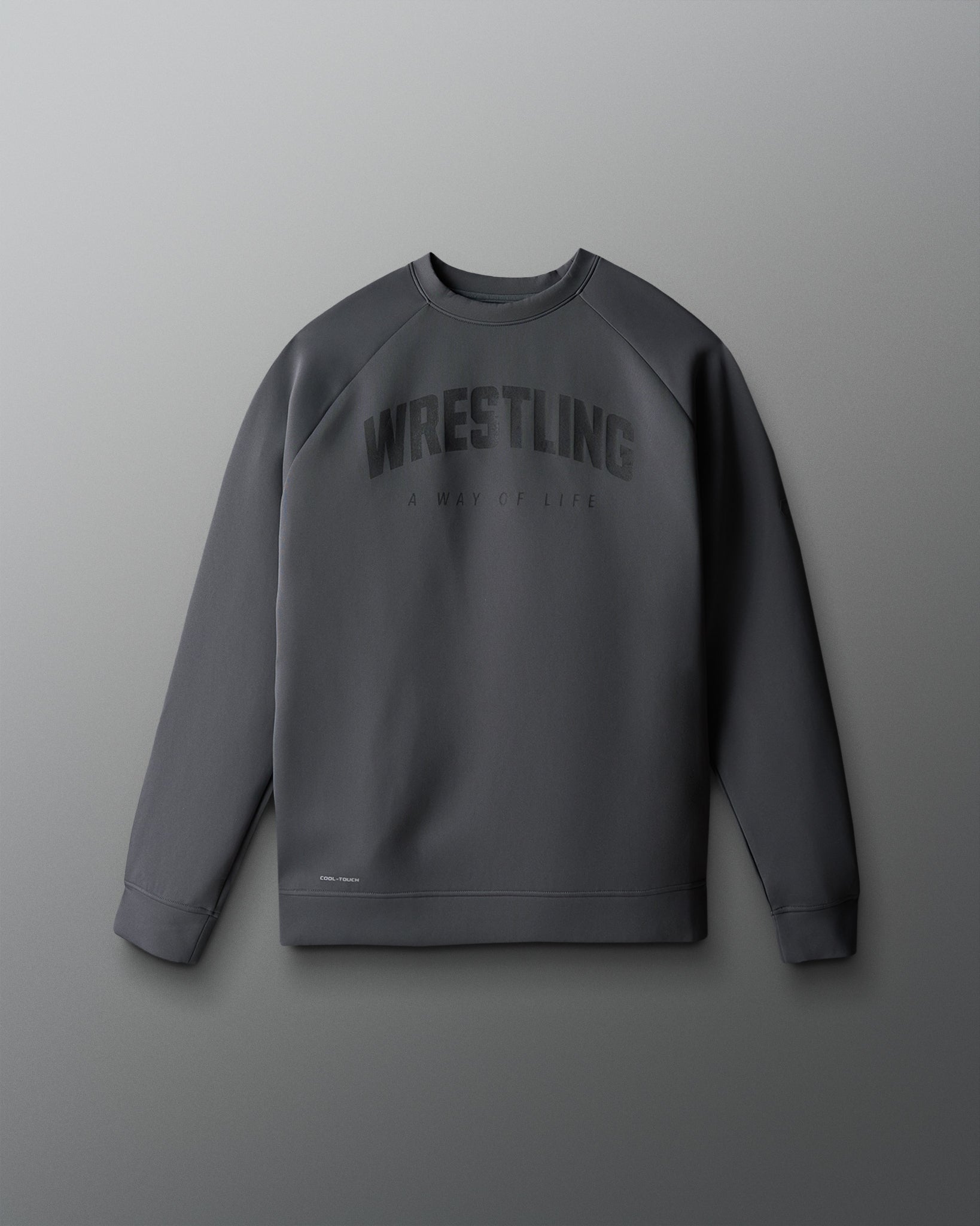 Gray sweatshirt with 'Wrestling' text on a light gray background