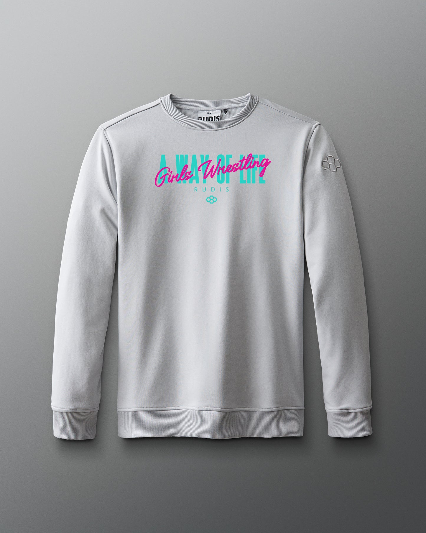 Gray sweatshirt with colorful text on a gray background