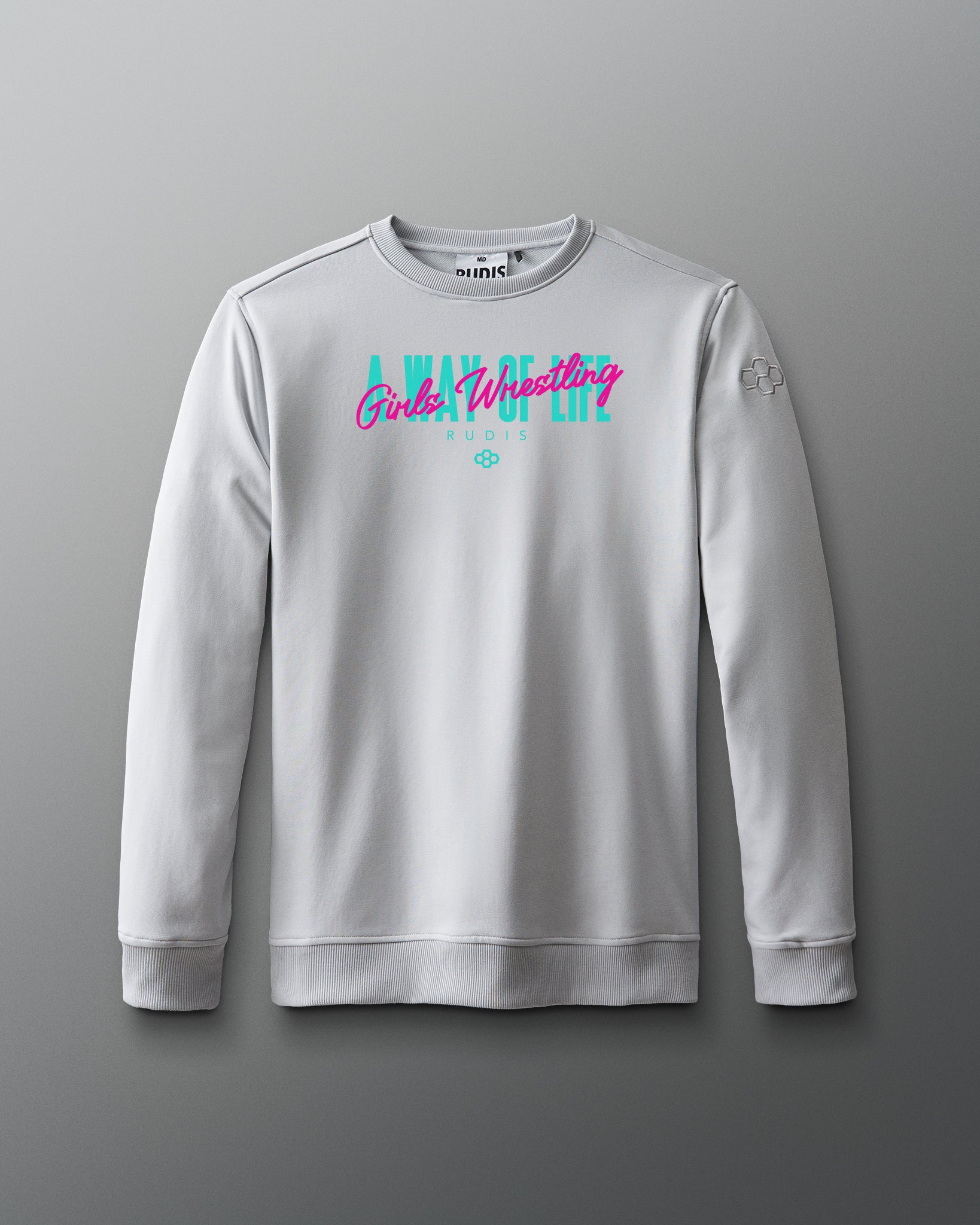 Gray sweatshirt with colorful text on a gray background