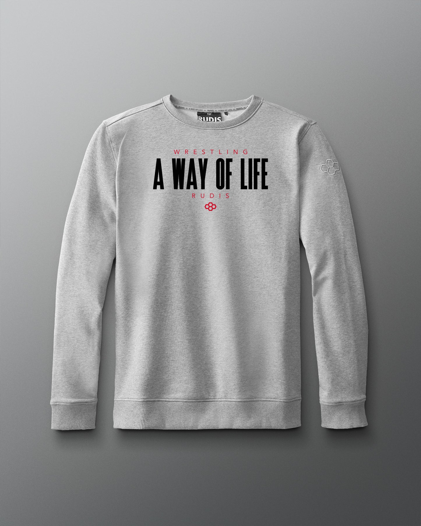 Gray sweatshirt with 'A Way of Life Wrestling' text on a gray background