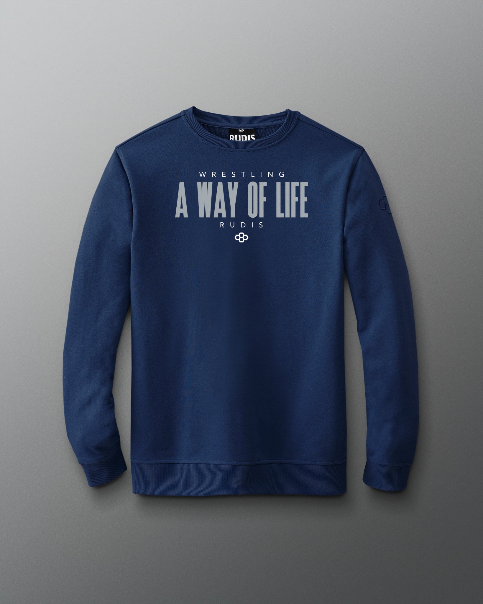 Blue sweatshirt with text on a gray background