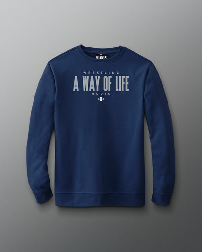 Blue sweatshirt with text on a gray background